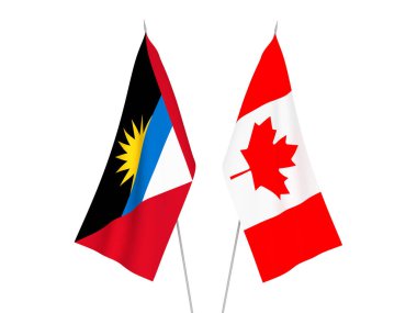 Beyaz arka planda Antigua, Barbuda ve Kanada 'nın ulusal kumaş bayrakları izole edildi. 3d resimleme.
