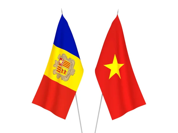 Εθνικές Σημαίες Υφάσματος Του Βιετνάμ Και Της Ανδόρας Απομονωμένες Λευκό — Φωτογραφία Αρχείου