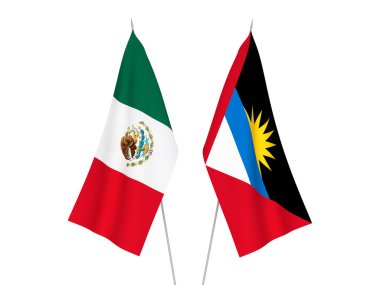 Antigua, Barbuda ve Meksika 'nın ulusal kumaş bayrakları beyaz arka planda izole edildi. 3d resimleme.