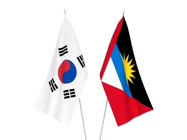 National fabric flags of South Korea and Antigua and Barbuda isolated on white background. 3d rendering illustration.