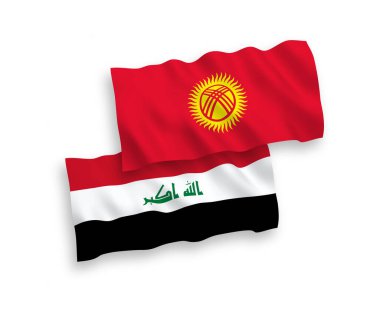 Kırgızistan ve Irak 'ın ulusal taşıyıcı kumaş bayrakları beyaz arka planda izole edildi. 1 'e 2 oranında. Tarihi bayrak