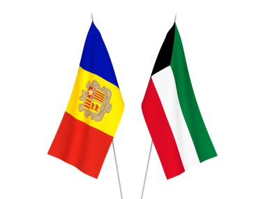 Beyaz arka planda Kuveyt ve Andorra 'nın ulusal kumaş bayrakları izole edildi. 3d resimleme.