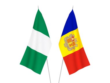 Beyaz arka planda Nijerya ve Andorra 'nın ulusal kumaş bayrakları izole edildi. 3d resimleme.