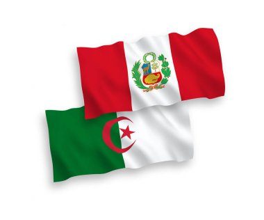 Beyaz arka planda Peru ve Cezayir 'in ulusal taşıyıcı kumaş bayrakları izole edildi. 1 'e 2 oranında.