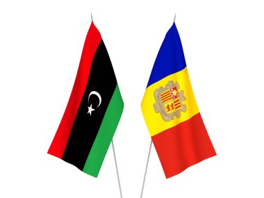 Libya ve Andorra 'nın ulusal kumaş bayrakları beyaz arka planda izole edildi. 3d resimleme.