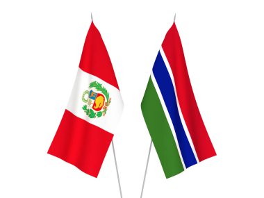Beyaz arka planda Peru ve Gambiya Cumhuriyeti 'nin ulusal kumaş bayrakları izole edildi. 3d resimleme.