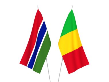 Beyaz arka planda Mali ve Gambiya Cumhuriyeti 'nin ulusal kumaş bayrakları izole edildi. 3d resimleme.