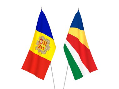 Beyaz arka planda Seyşeller ve Andorra 'nın ulusal kumaş bayrakları izole edildi. 3d resimleme.