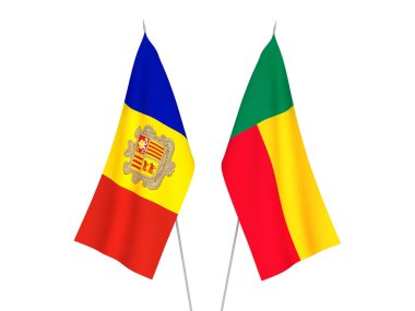 Benin ve Andorra 'nın ulusal kumaş bayrakları beyaz arka planda izole edildi. 3d resimleme.