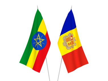 Beyaz arka planda Etiyopya ve Andorra 'nın ulusal kumaş bayrakları izole edildi. 3d resimleme.