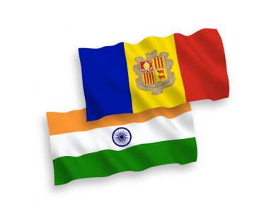 Hindistan ve Andorra 'nın ulusal taşıyıcı kumaş bayrakları beyaz arka planda izole edildi. 1 'e 2 oranında.