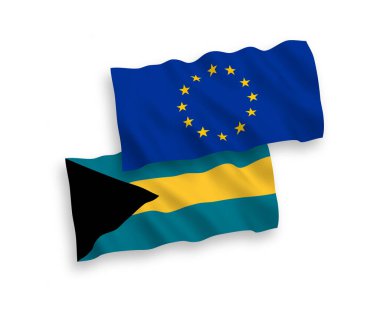 Beyaz arka planda Avrupa Birliği ve Bahamalar Eyaleti 'nin ulusal taşıyıcı kumaş bayrakları izole edildi. 1 'e 2 oranında.