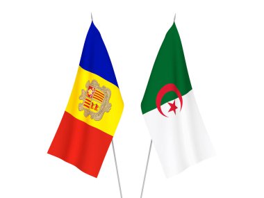 Beyaz arka planda Cezayir ve Andorra 'nın ulusal kumaş bayrakları izole edildi. 3d resimleme.