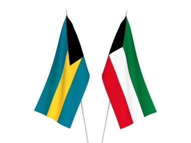 Beyaz arka planda Kuveyt ve Bahamalar Cumhuriyeti 'nin ulusal kumaş bayrakları izole edildi. 3d resimleme.