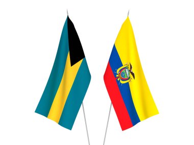 Beyaz arka planda izole edilmiş Ekvador ve Bahamalar Milletler Topluluğu bayrakları. 3d resimleme.