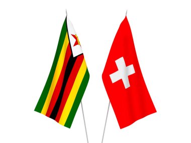 Beyaz arka planda İsviçre ve Zimbabwe 'nin ulusal kumaş bayrakları izole edildi. 3d resimleme.