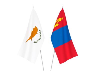 Beyaz arka planda Moğolistan ve Kıbrıs 'ın ulusal kumaş bayrakları izole edildi. 3d resimleme.