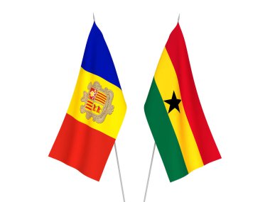 Beyaz arka planda Gana ve Andorra 'nın ulusal kumaş bayrakları izole edildi. 3d resimleme.