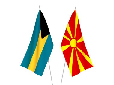 Kuzey Makedonya 'nın ulusal kumaş bayrakları ve Bahamalar Cumhuriyeti beyaz arka planda izole edildi. 3d resimleme.