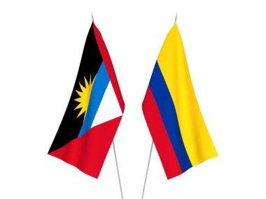 Beyaz arka planda Kolombiya, Antigua ve Barbuda 'nın ulusal kumaş bayrakları izole edildi. 3d resimleme.