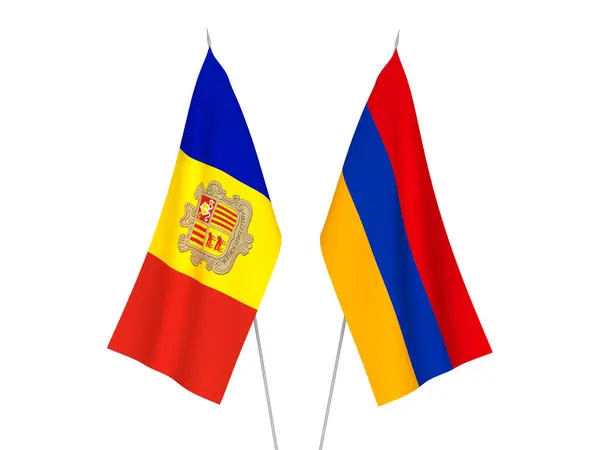Σημαίες Εθνικού Υφάσματος Της Αρμενίας Και Της Ανδόρας Απομονωμένες Λευκό — Φωτογραφία Αρχείου