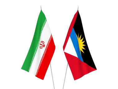 Beyaz arka planda İran, Antigua ve Barbuda 'nın ulusal kumaş bayrakları izole edildi. 3d resimleme.