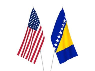 Beyaz arka planda ABD ve Bosna-Hersek 'in ulusal kumaş bayrakları izole edildi. 3d resimleme.