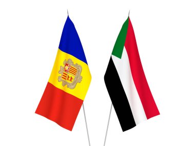 Beyaz arka planda Sudan ve Andorra 'nın ulusal kumaş bayrakları izole edildi. 3d resimleme.