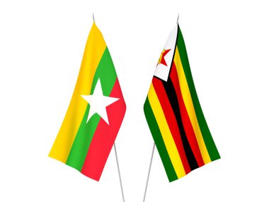 Beyaz arka planda Myanmar ve Zimbabwe 'nin ulusal kumaş bayrakları izole edildi. 3d resimleme.