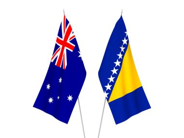 Avustralya ve Bosna-Hersek 'in ulusal kumaş bayrakları beyaz arka planda izole edildi. 3d resimleme.