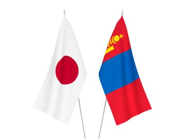 Japonya ve Moğolistan 'ın ulusal kumaş bayrakları beyaz arka planda izole edildi. 3d resimleme.