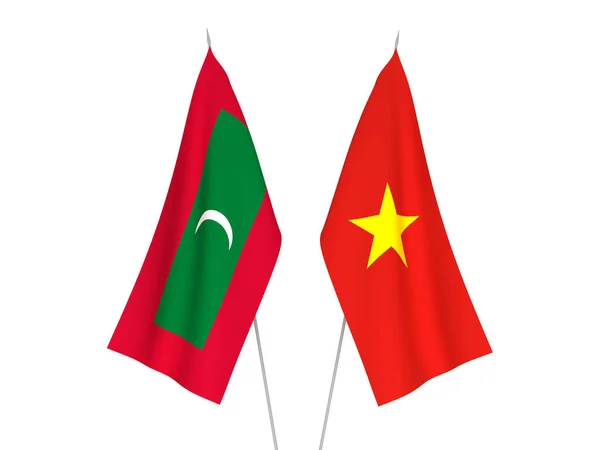 Bandeiras Tecido Nacional Vietnã Maldivas Isoladas Fundo Branco Ilustração Renderização — Fotografia de Stock
