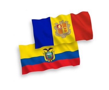 Beyaz zemin üzerinde Andorra ve Ekvador 'un ulusal taşıyıcı kumaş bayrakları izole edildi. 1 'e 2 oranında.