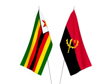 Angola ve Zimbabwe 'nin ulusal kumaş bayrakları beyaz arka planda izole edildi. 3d resimleme.
