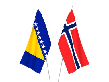 Norveç ve Bosna-Hersek 'in ulusal kumaş bayrakları beyaz arka planda izole edildi. 3d resimleme.