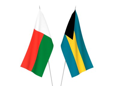 Madagaskar 'ın ulusal kumaş bayrakları ve Bahamalar Cumhuriyeti beyaz arka planda izole edildi. 3d resimleme.