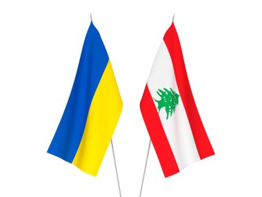 Beyaz arka planda Ukrayna ve Lübnan 'ın ulusal kumaş bayrakları izole edildi. 3d resimleme.