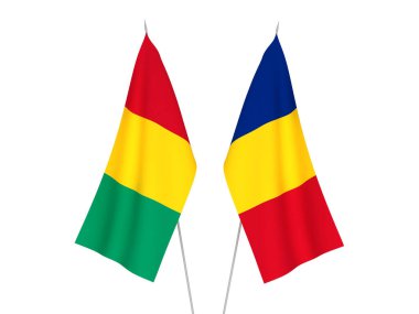 Beyaz arka planda Romanya ve Gine 'nin ulusal kumaş bayrakları izole edildi. 3d resimleme.