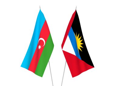 Beyaz arka planda Azerbaycan Cumhuriyeti, Antigua ve Barbuda 'nın ulusal kumaş bayrakları izole edildi. 3d resimleme.