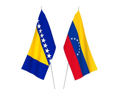 Bosna-Hersek ve Venezuela 'nın ulusal kumaş bayrakları beyaz arka planda izole edildi. 3d resimleme.