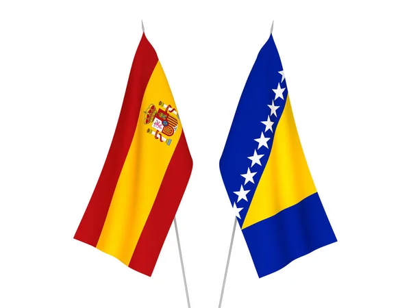 Bandeiras Tecido Nacional Espanha Bósnia Herzegovina Isoladas Fundo Branco Ilustração — Fotografia de Stock