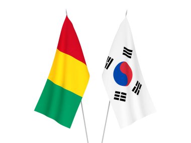 Beyaz arka planda Güney Kore ve Gine 'nin ulusal kumaş bayrakları izole edildi. 3d resimleme.
