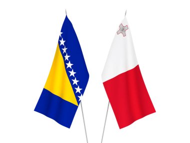 Bosna-Hersek ve Malta 'nın ulusal kumaş bayrakları beyaz arka planda izole edildi. 3d resimleme.