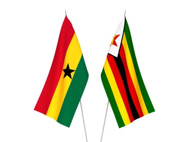Beyaz arka planda Gana ve Zimbabwe 'nin ulusal kumaş bayrakları izole edildi. 3d resimleme.