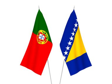 Bosna-Hersek ve Portekiz 'in ulusal kumaş bayrakları beyaz arka planda izole edildi. 3d resimleme.