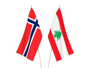 Norveç ve Lübnan 'ın ulusal kumaş bayrakları beyaz arka planda izole edildi. 3d resimleme.