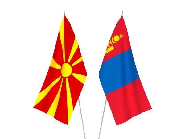 Banderas Nacionales Tela Macedonia Del Norte Mongolia Aisladas Sobre Fondo —  Fotos de Stock