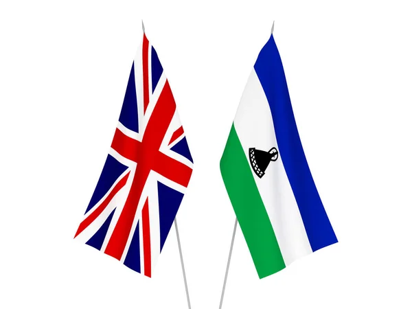 大不列颠和莱索托的国家织物旗帜以白色背景隔离 3D渲染说明 — 图库照片