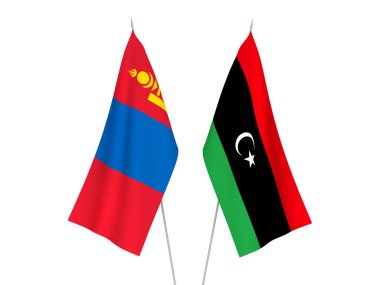 Libya ve Moğolistan 'ın ulusal kumaş bayrakları beyaz arka planda izole edildi. 3d resimleme.