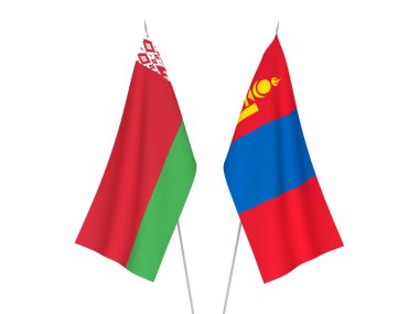 Beyaz arka planda Beyaz Rusya ve Moğolistan 'ın ulusal kumaş bayrakları izole edildi. 3d resimleme.